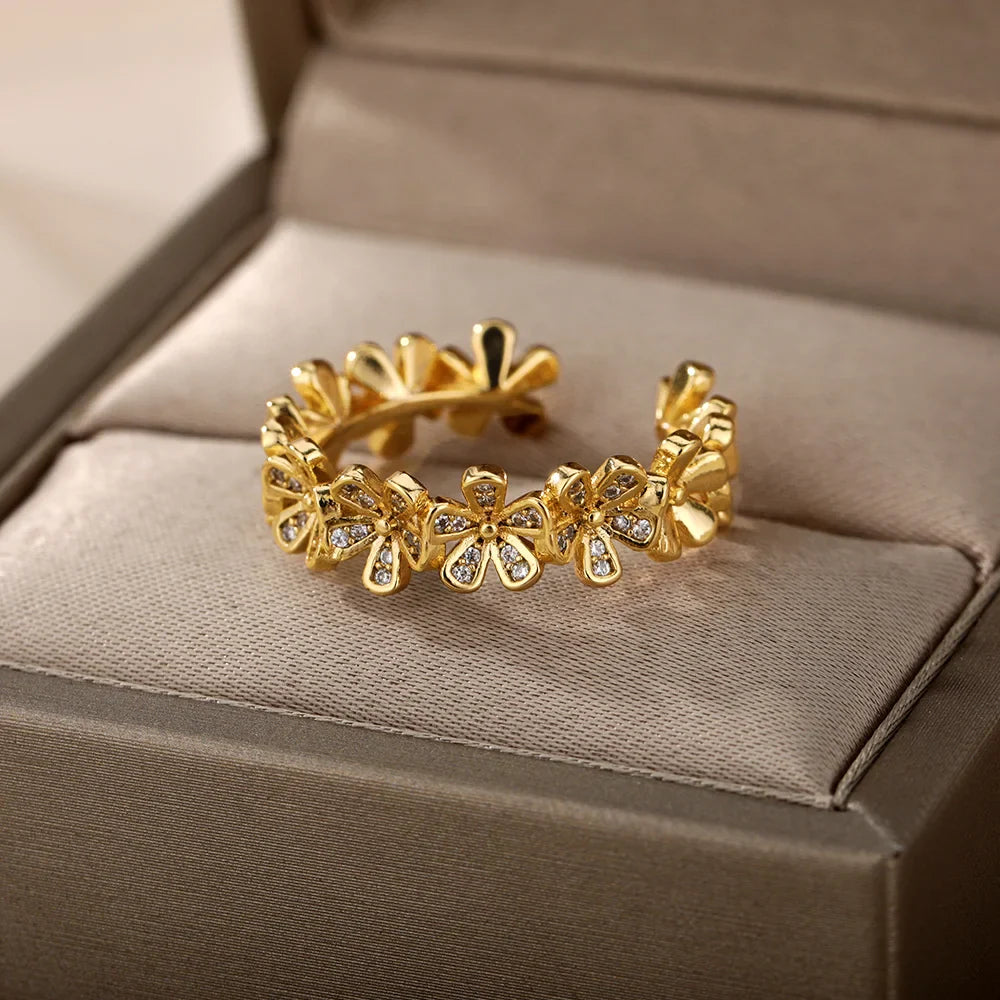 Anel Ajustável Flores com Zircônia