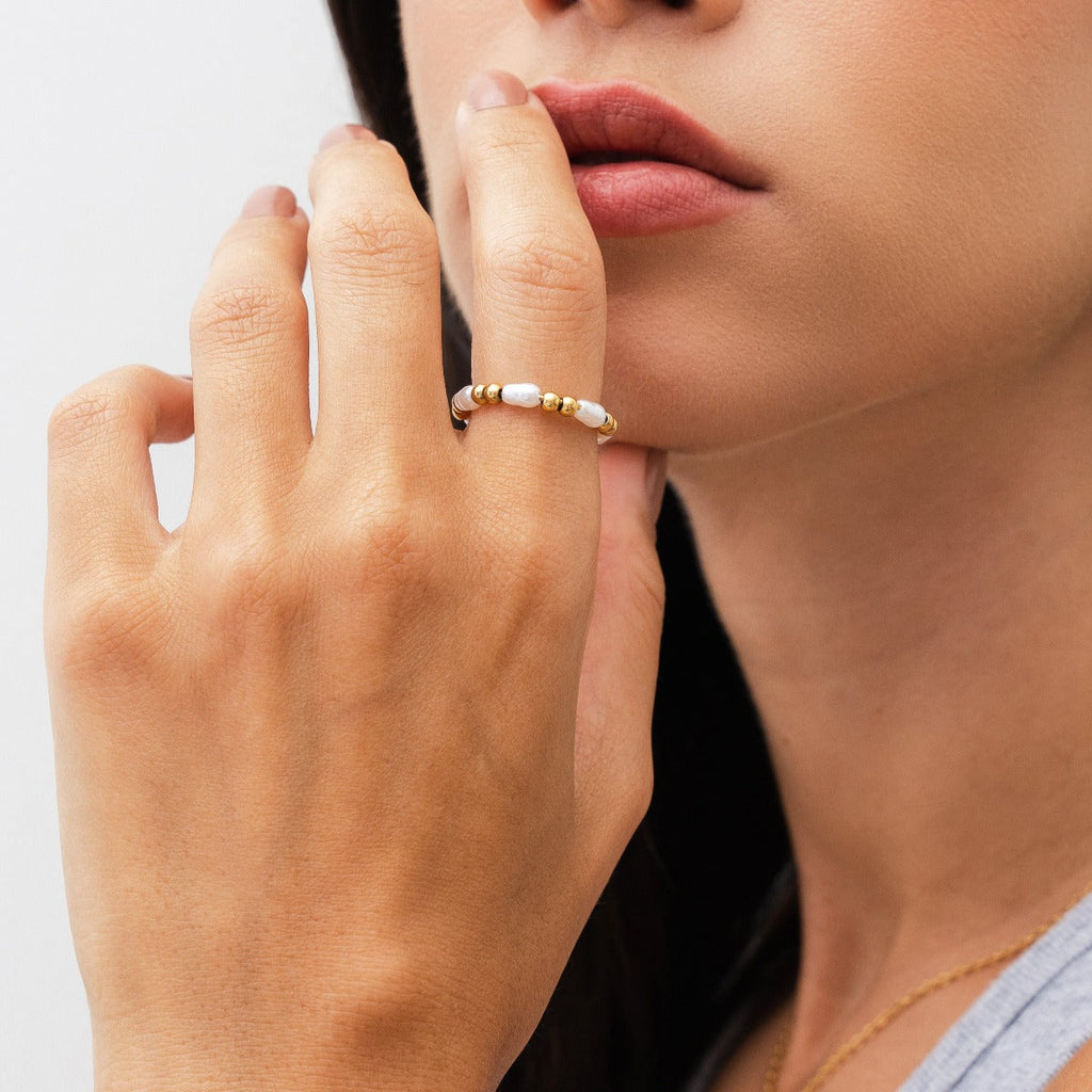Anel Bali com Pérolas Banhado a Ouro 18K